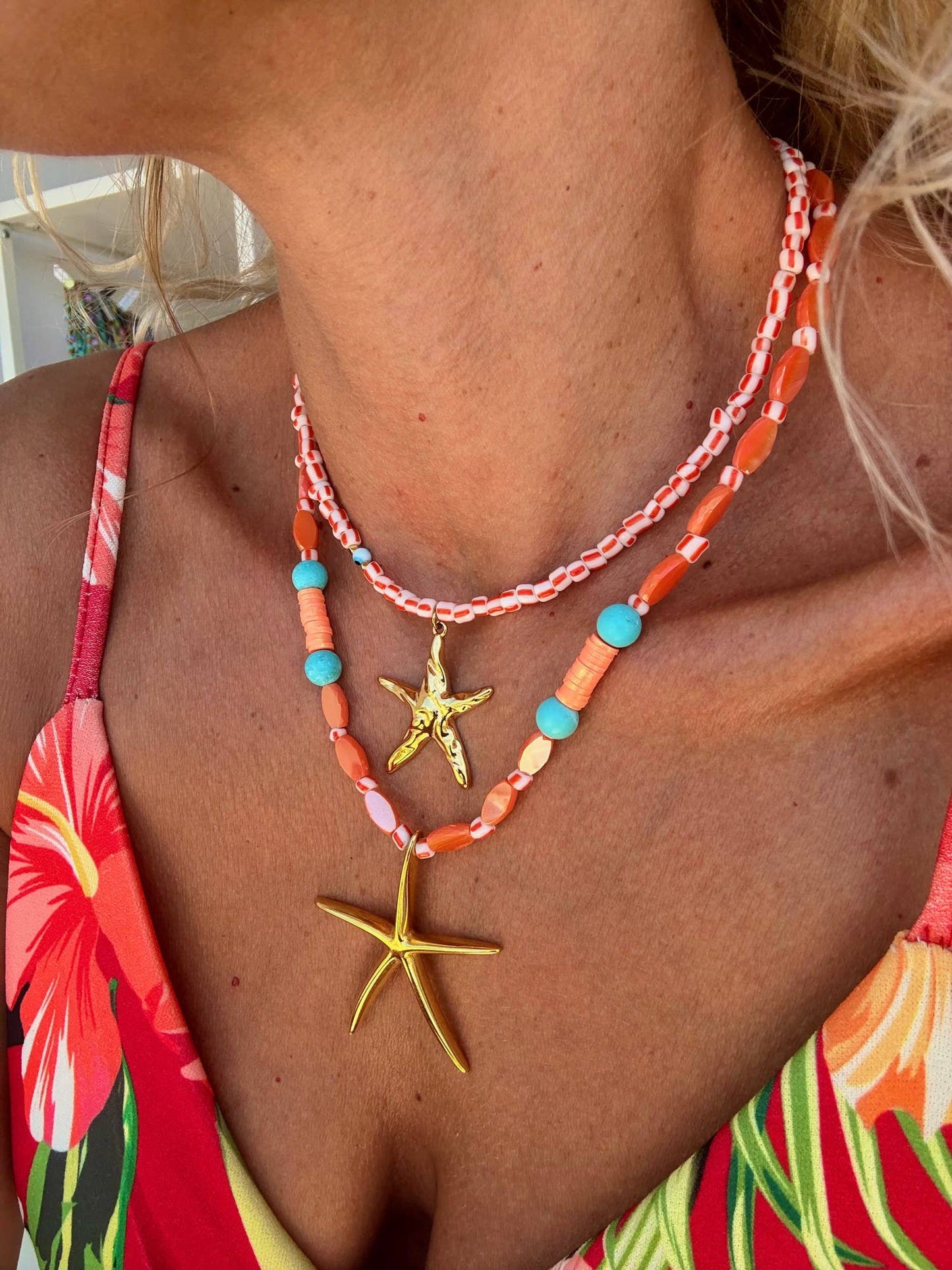Orange Starfish Beaded Necklace