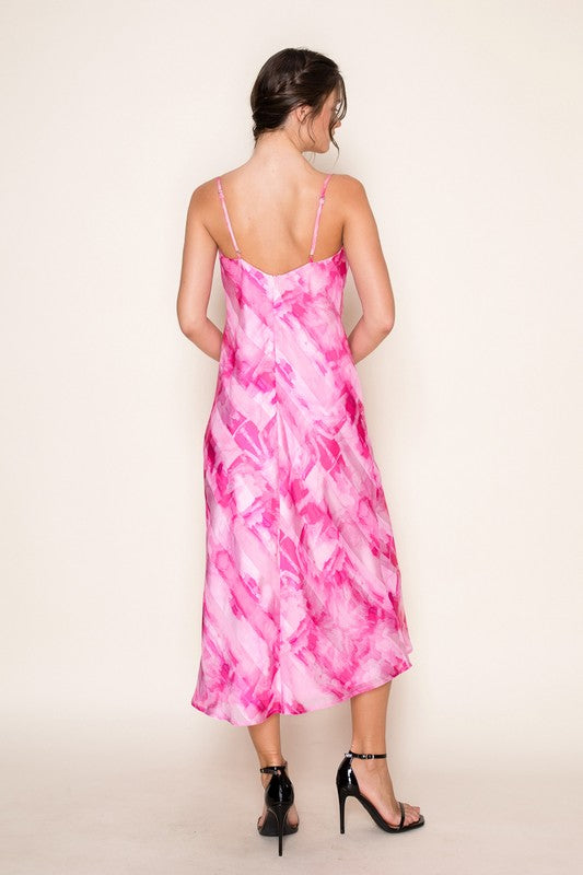 Pink Rush Watercolor Slip Midi Dress