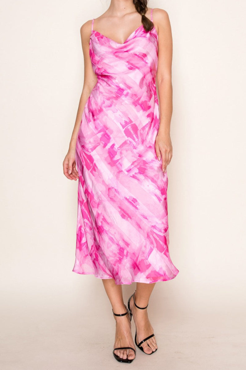 Pink Rush Watercolor Slip Midi Dress