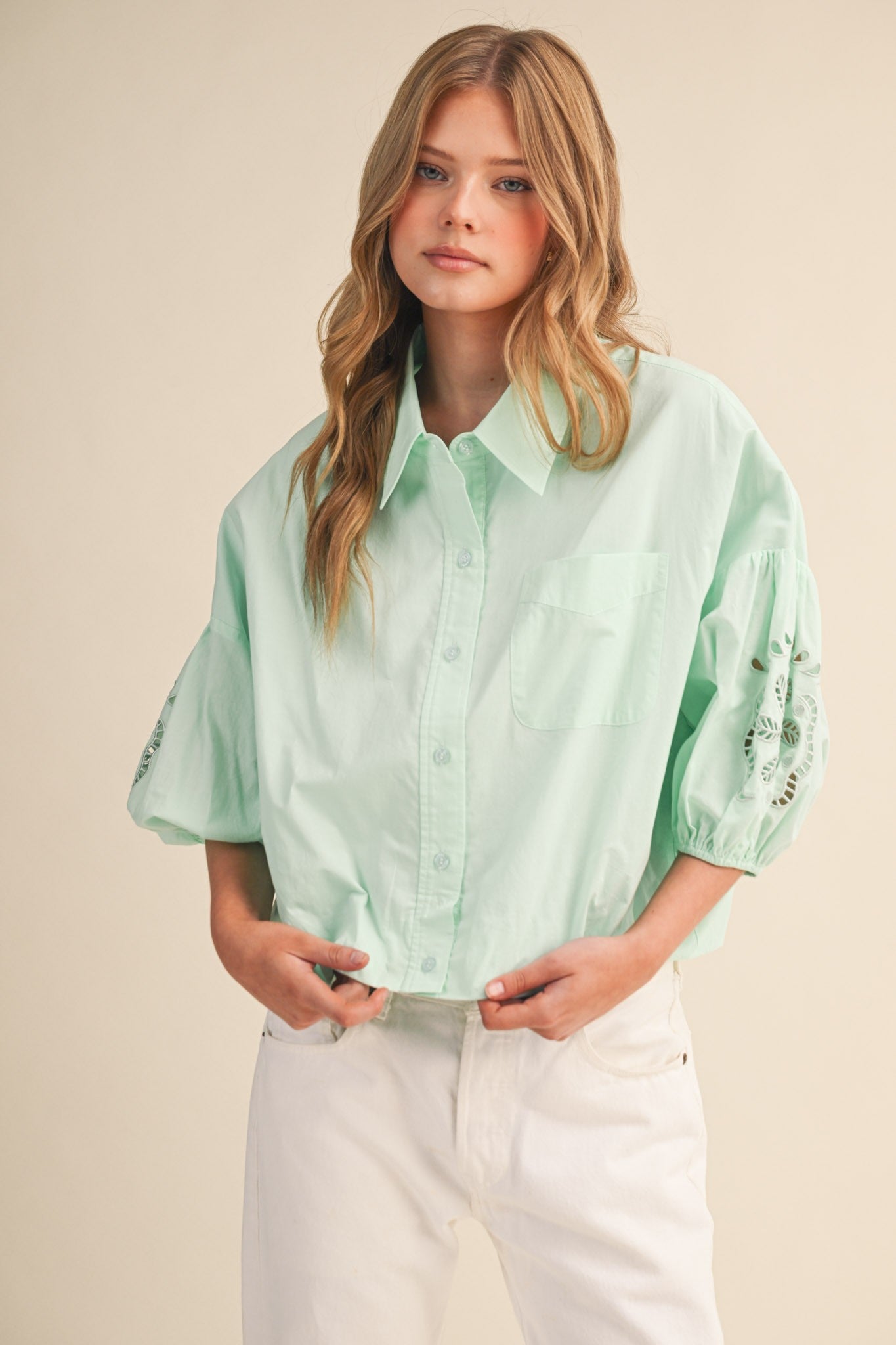 Mint To Be Eyelet Blouse - PREORDER (AVAILABLE TO SHIP 7/3)