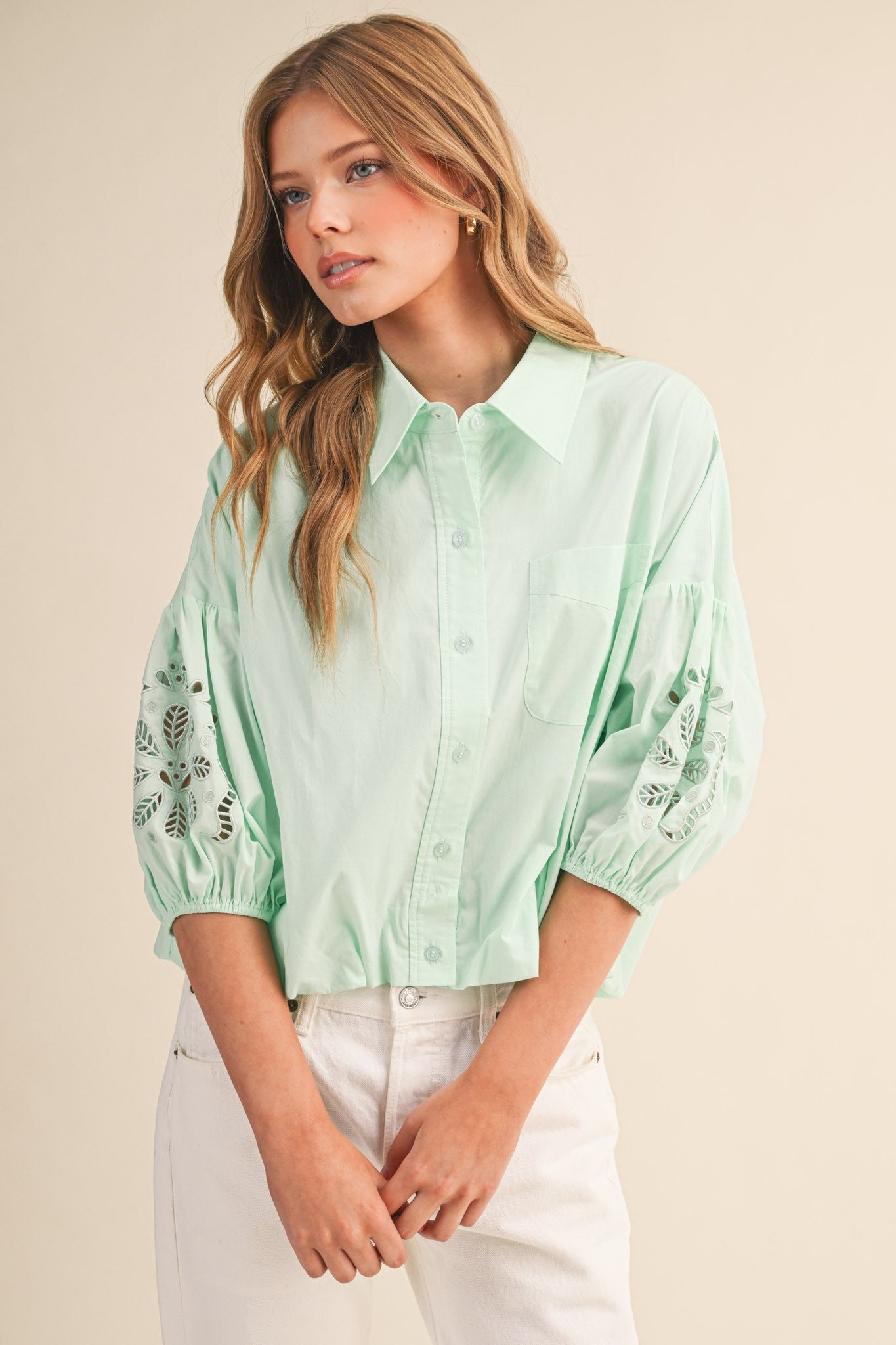 Mint To Be Eyelet Blouse - PREORDER (AVAILABLE TO SHIP 7/3)