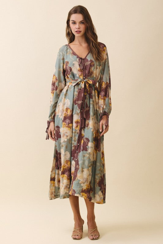 Sage Bloom Self Tie Midi Dress