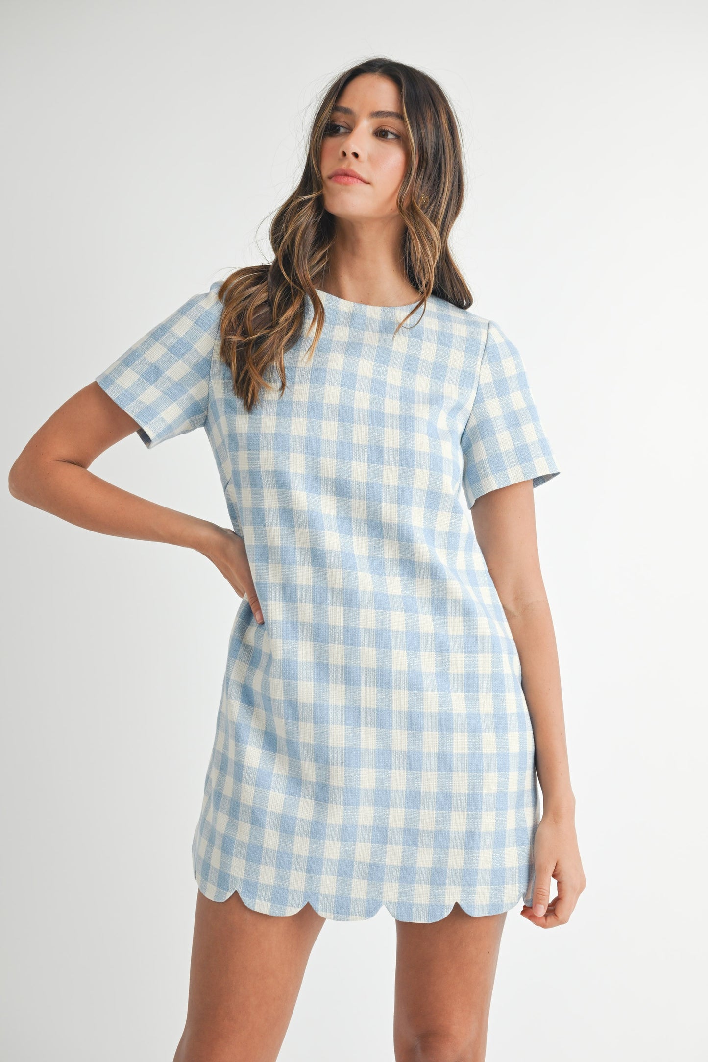 Blue Gingham A-Line Scallop Mini Dress