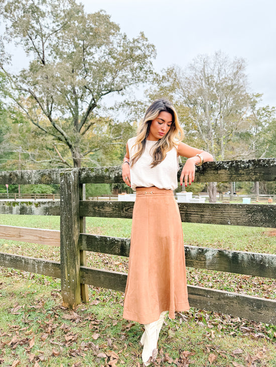 The Caramel Suede Midi Skirt