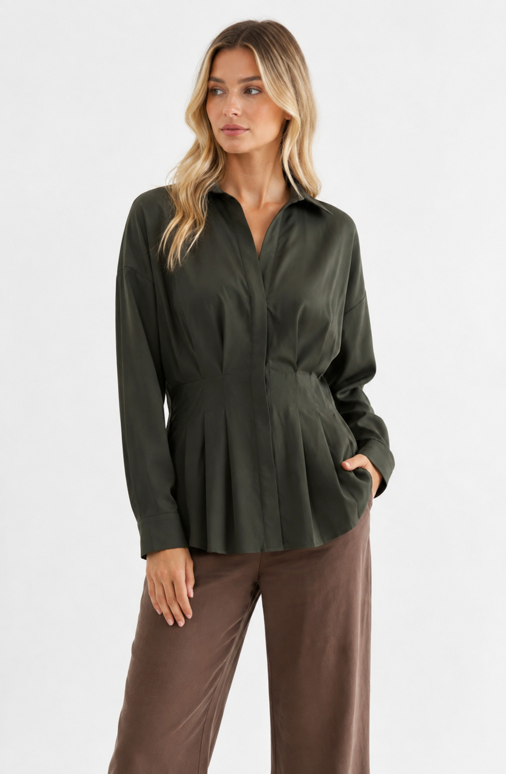 Jane Olive Pleated Blouse