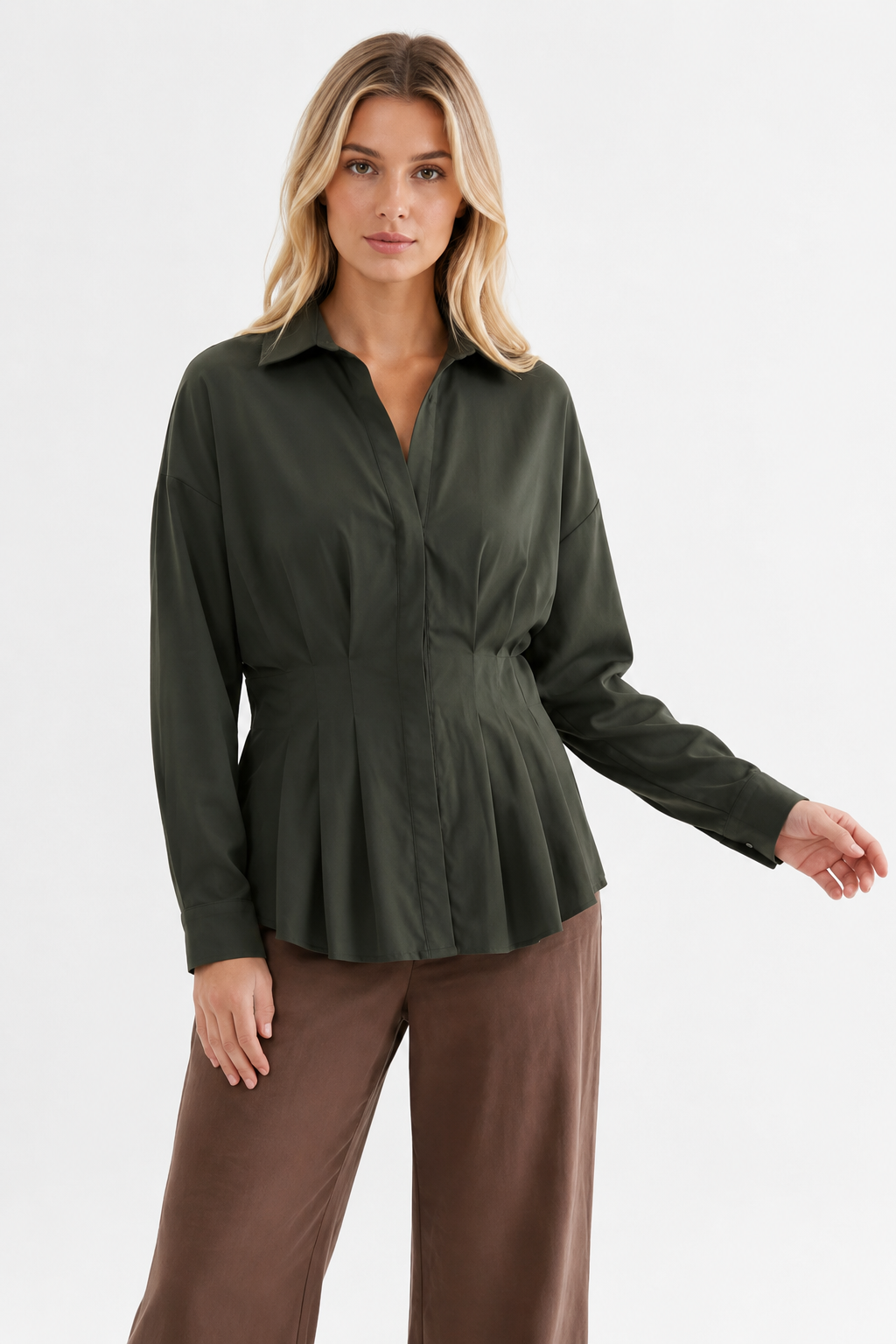 Jane Olive Pleated Blouse