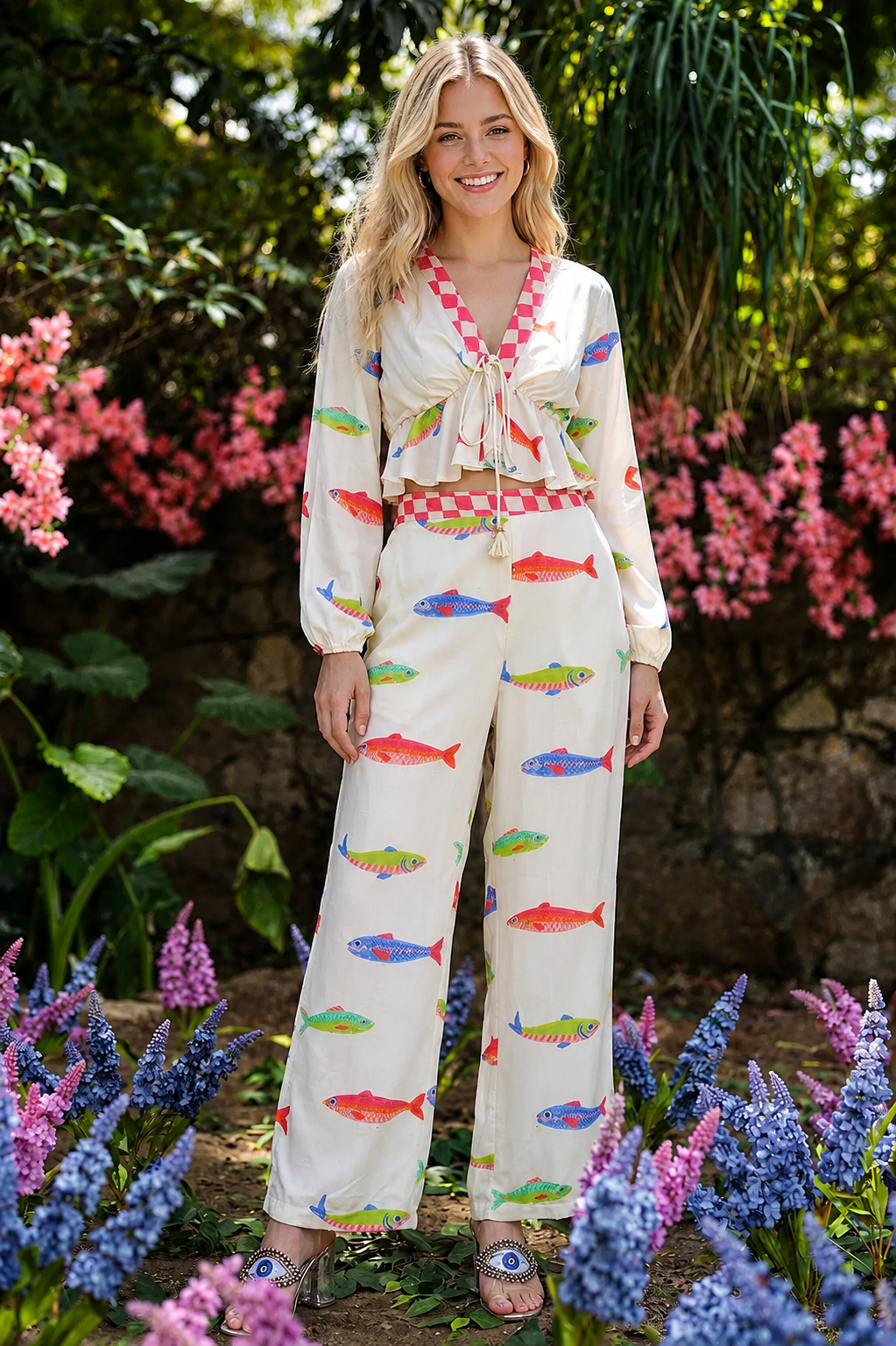 Hand-Drawn Fish Printed Pants
