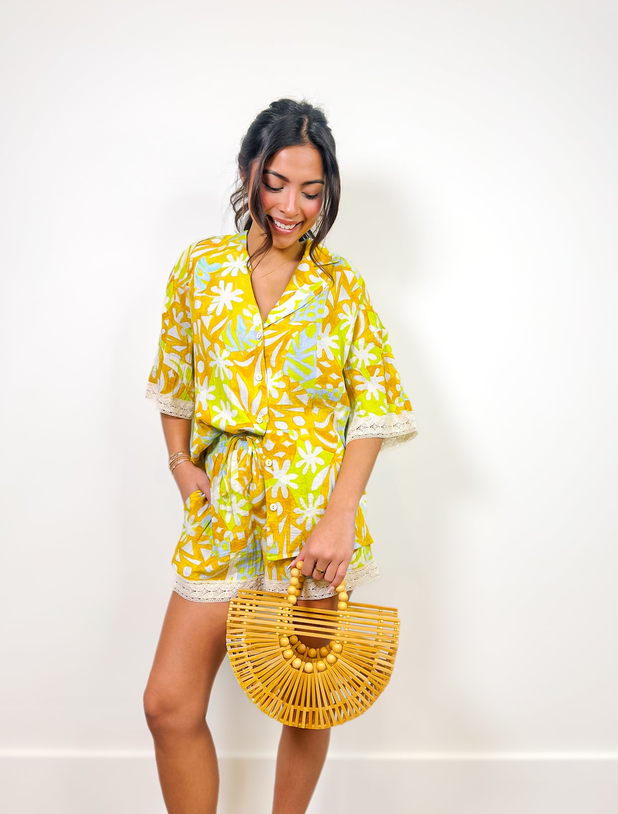 Cabo Lace Trim Printed Button Up Top