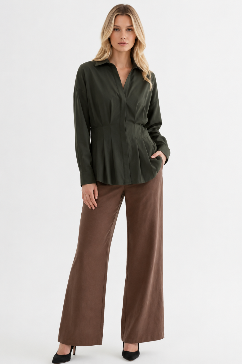 Jane Olive Pleated Blouse
