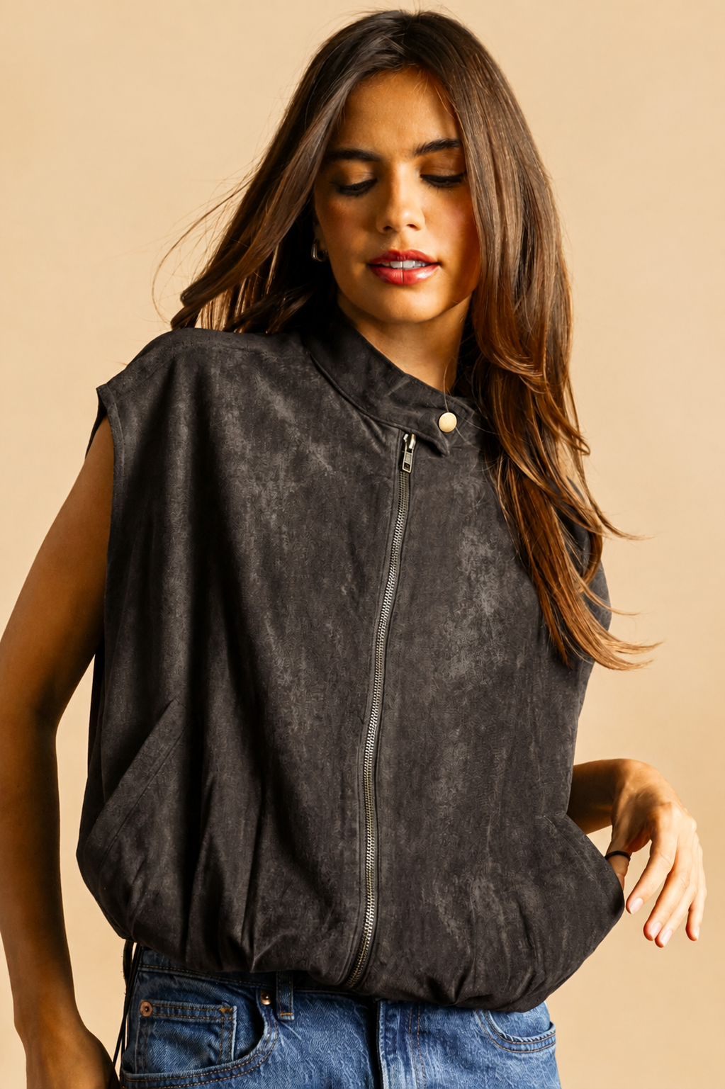Suede Vest Jacket - Charcoal