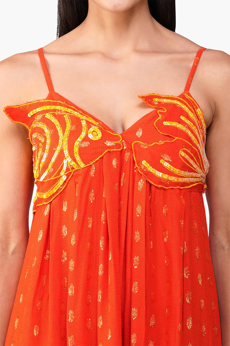 Embellished Tangerine Ariel Flared Maxi Dress
