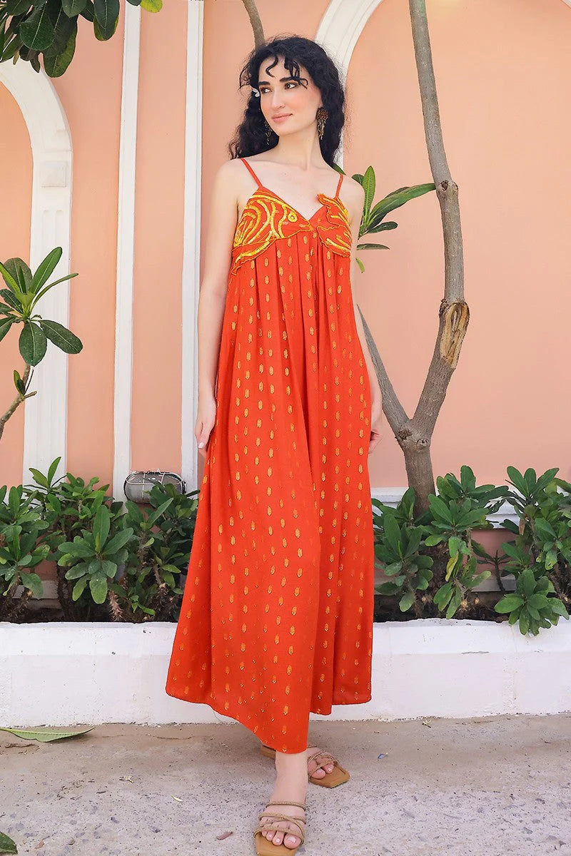 Embellished Tangerine Ariel Flared Maxi Dress – Veda Boutique