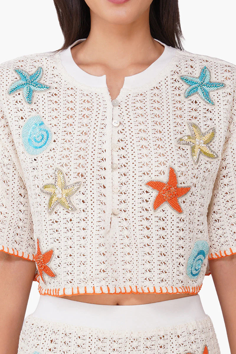 Coastal Patch Crochet Embellished Cropped Top
