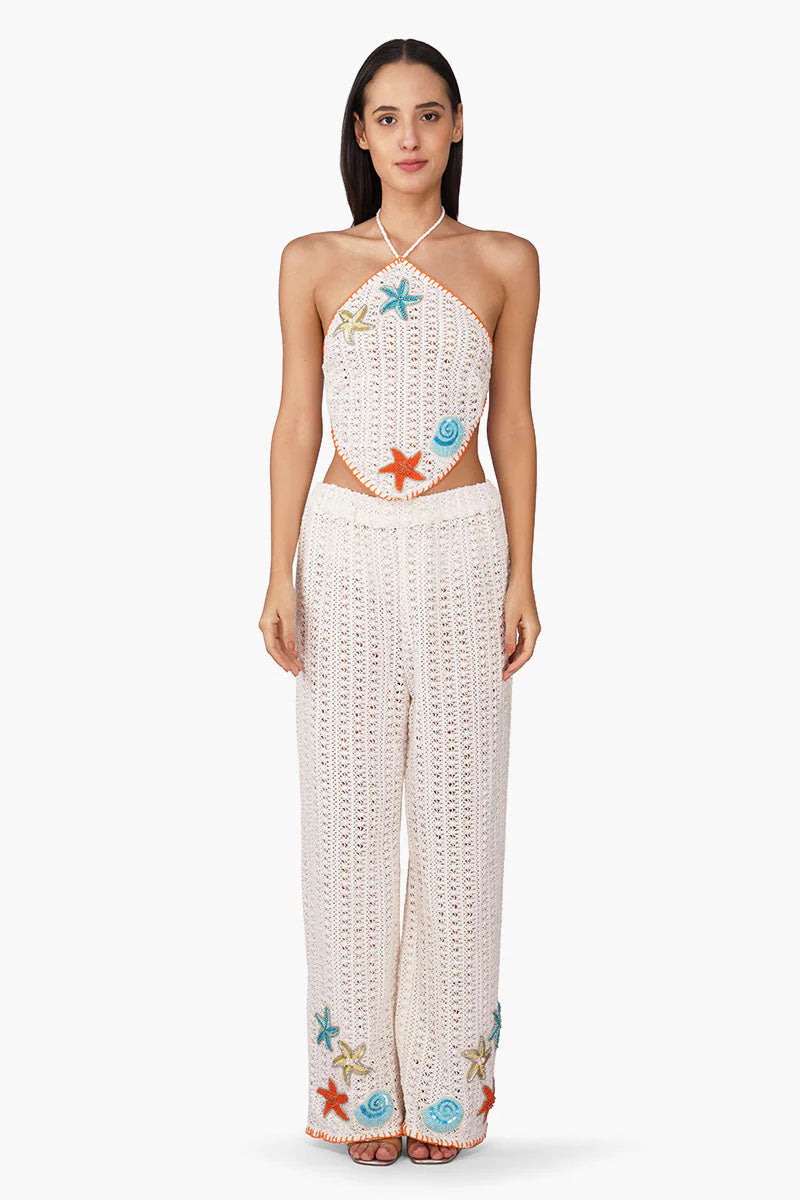 Coastal Patch Crochet Embellished Pants