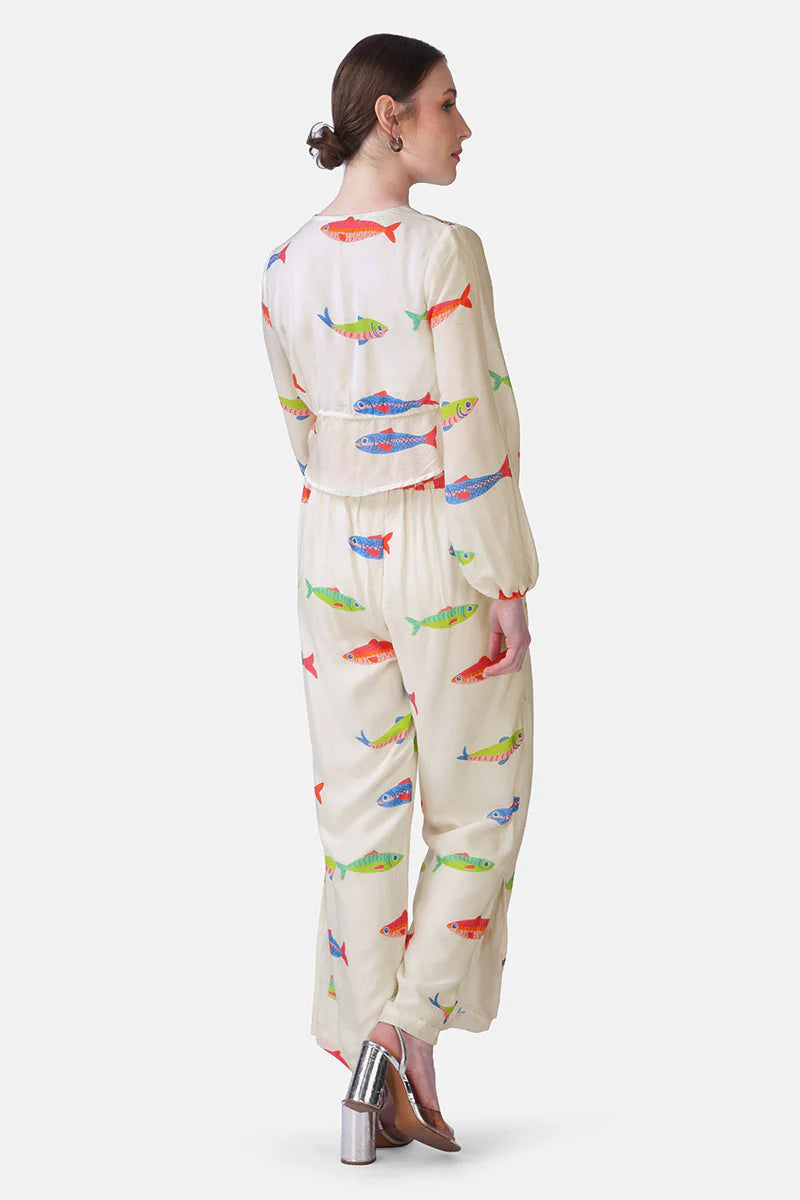 Hand-Drawn Fish Printed Crop Top