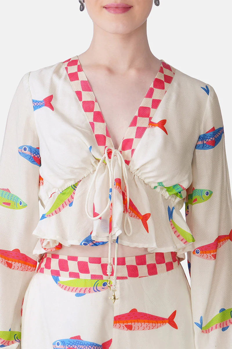 Hand-Drawn Fish Printed Crop Top