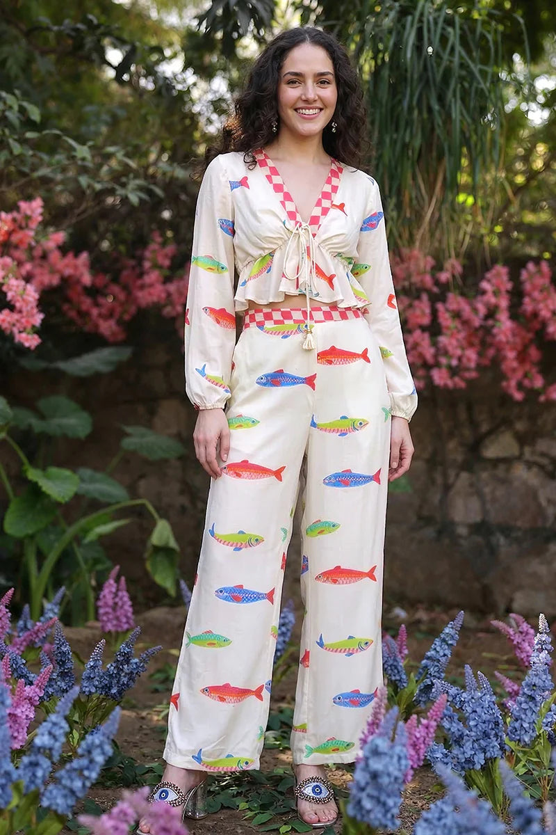 Hand-Drawn Fish Printed Crop Top