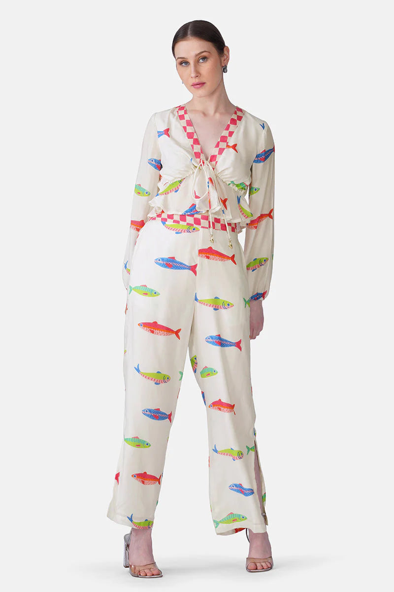 Hand-Drawn Fish Printed Pants