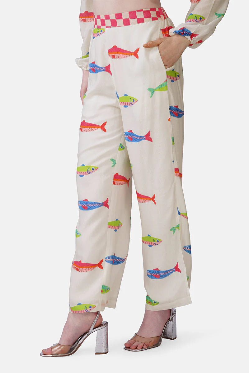 Hand-Drawn Fish Printed Pants