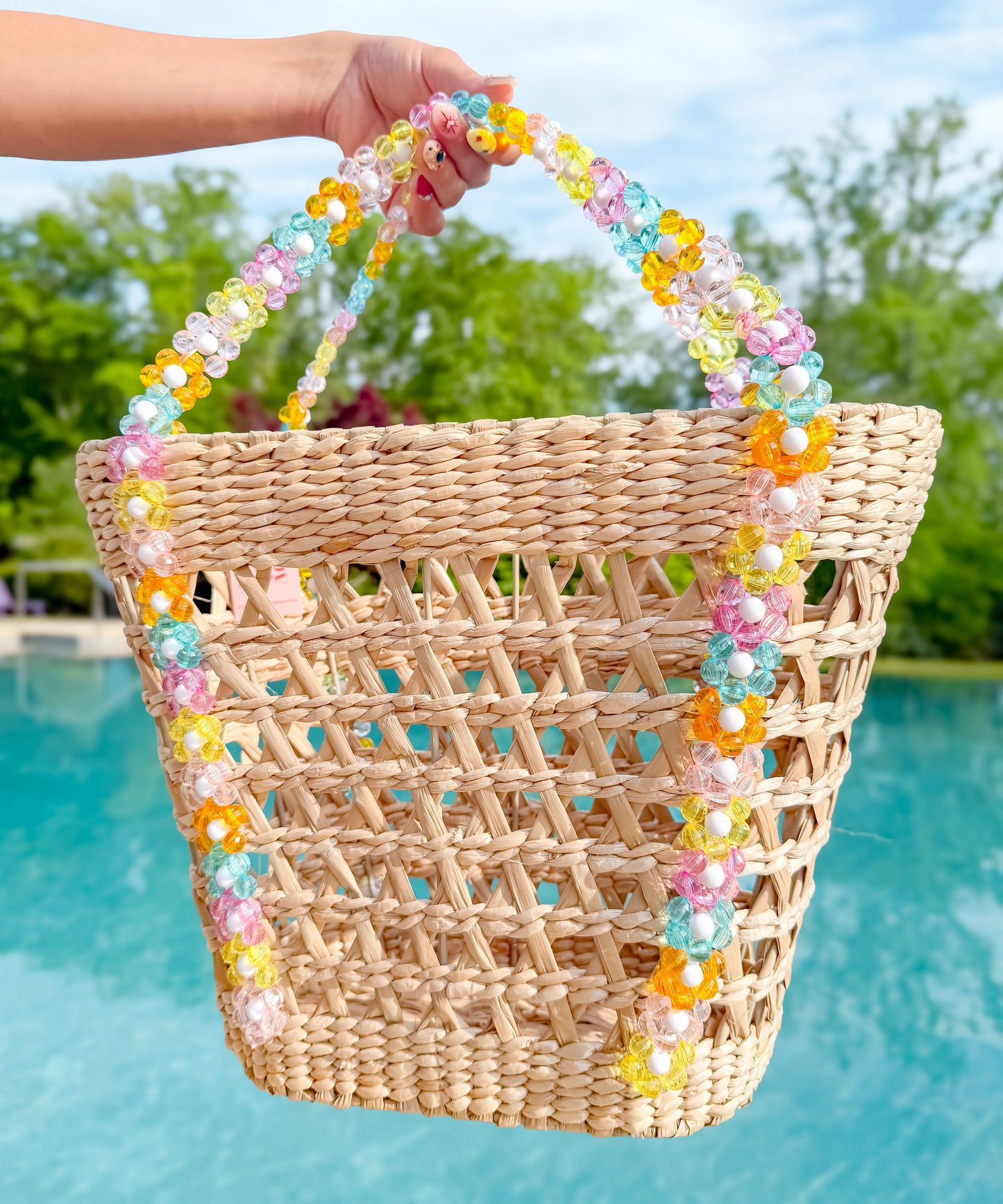Beaded Beach Basket Tote