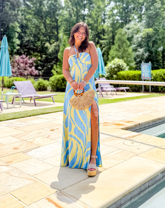 By The Sea Halter Neck Satin  Maxi Dress