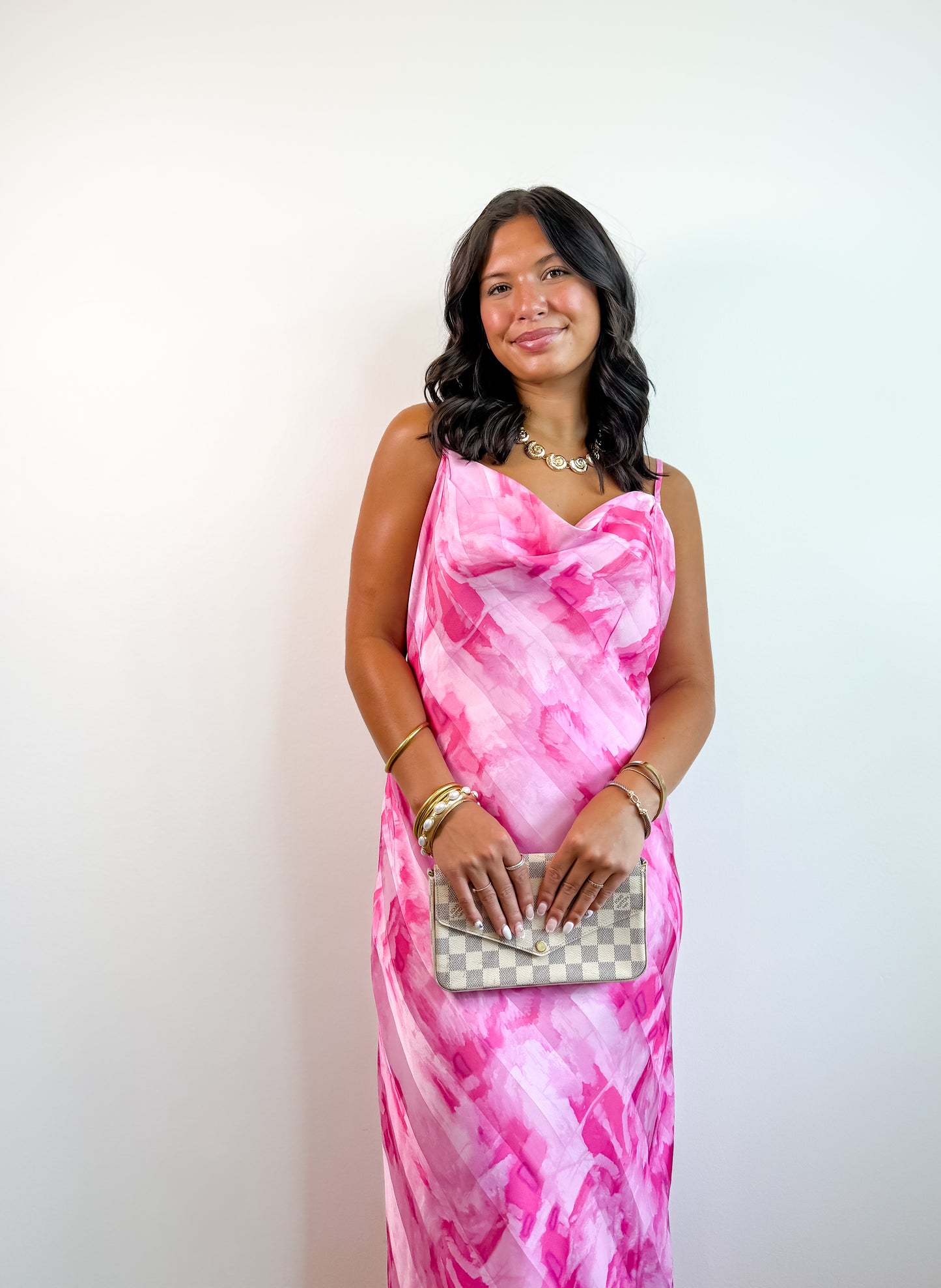 Pink Rush Watercolor Slip Midi Dress