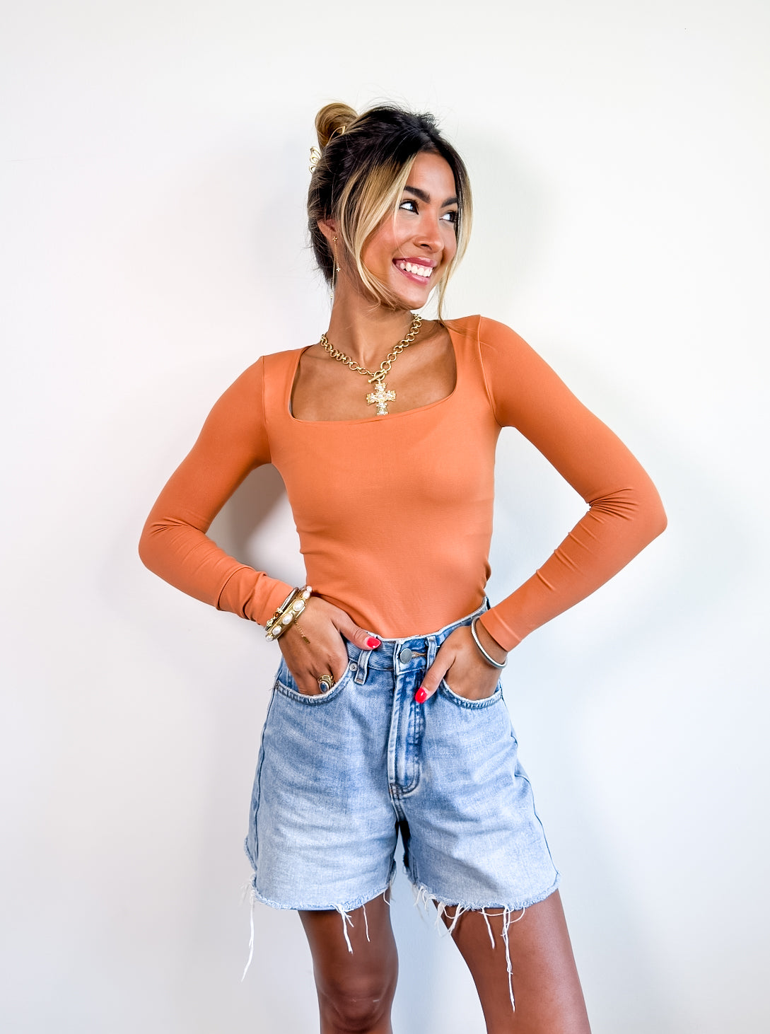 Rust Long Sleeve Square Neck Top