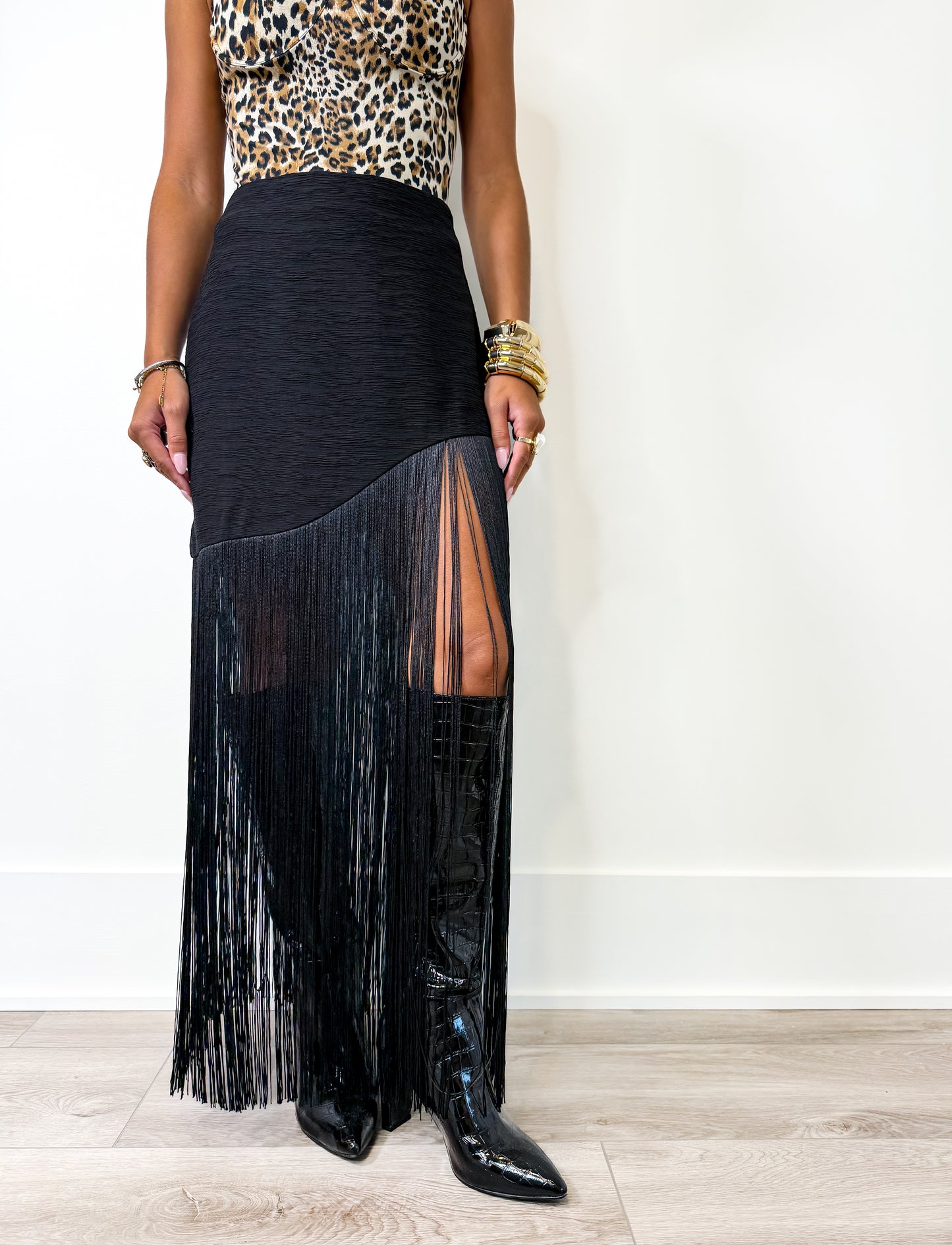 Black Textured Fringe Midi Skirt