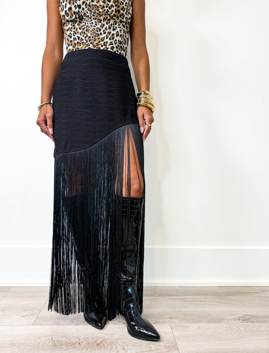 Black Textured Fringe Midi Skirt