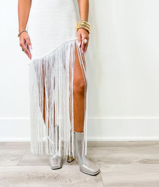Cream Textured Fringe Midi Skirt