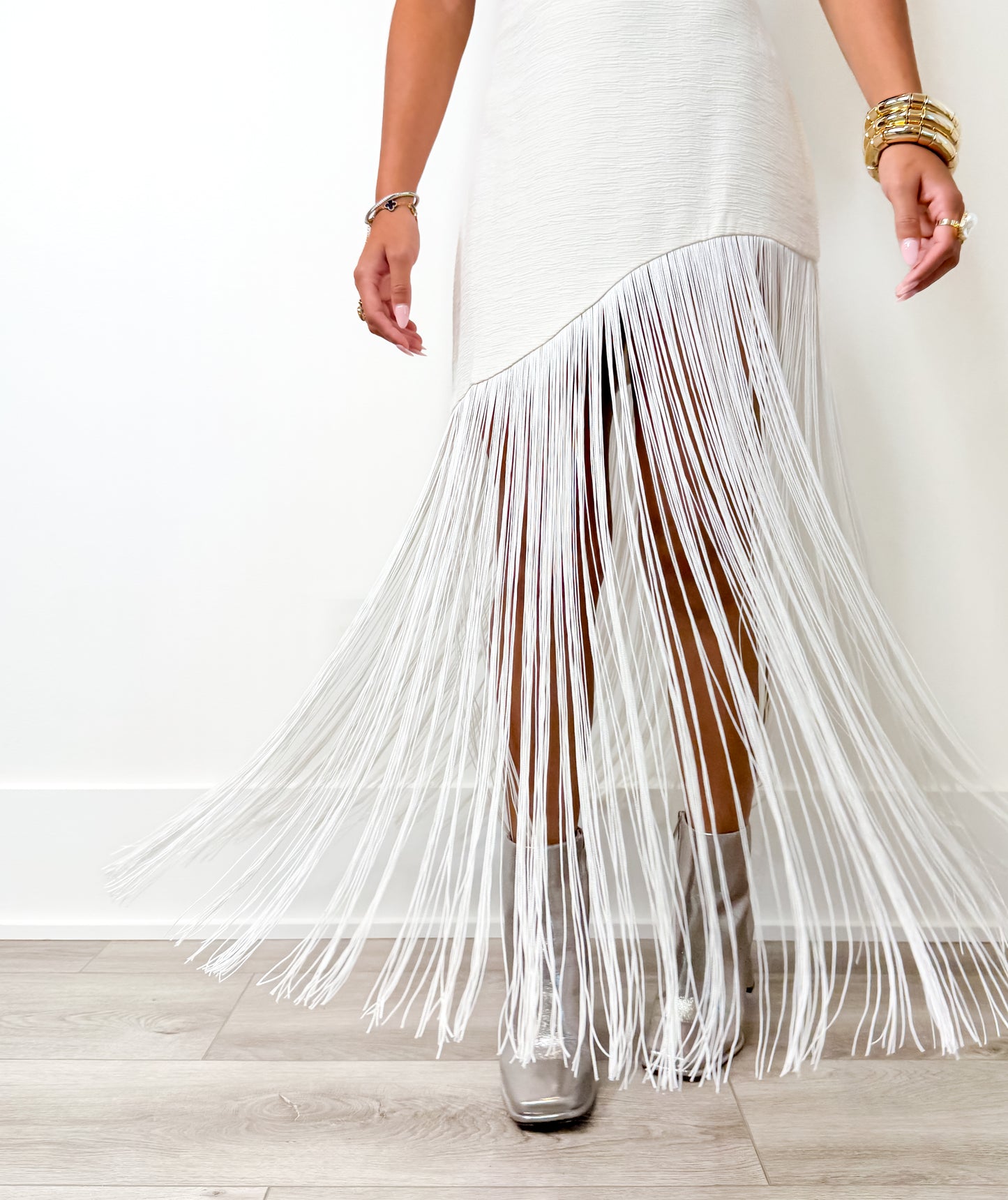 Cream Textured Fringe Midi Skirt