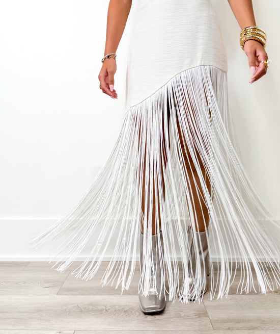 Cream Textured Fringe Midi Skirt