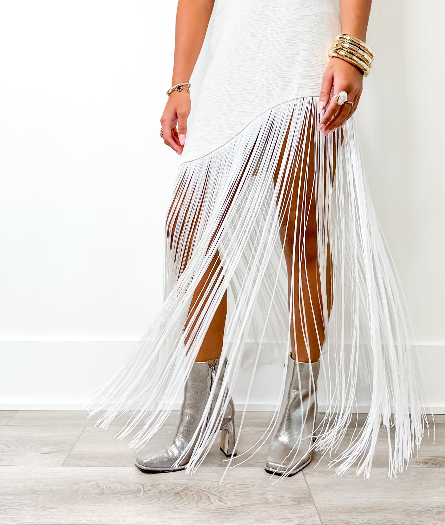 Cream Textured Fringe Midi Skirt