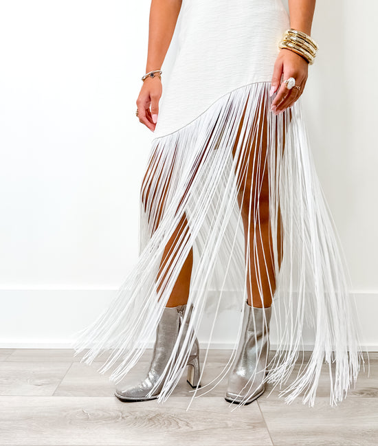 Cream Textured Fringe Midi Skirt