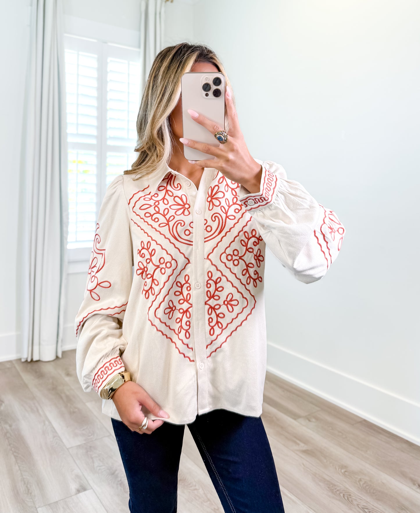 Magnolia Embroidered Button Down Top