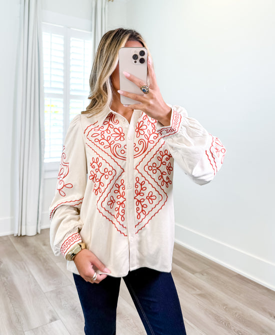 Magnolia Embroidered Button Down Top