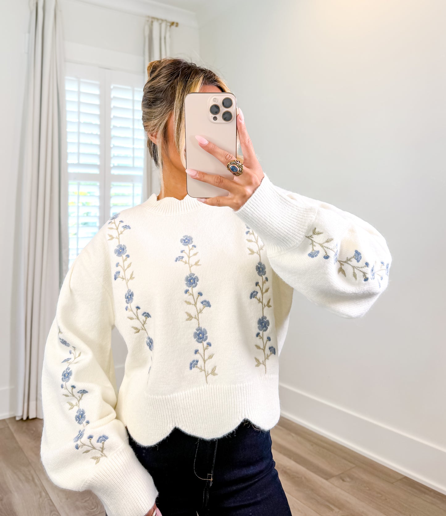 Floral Embroidered Scallop Sweater Top