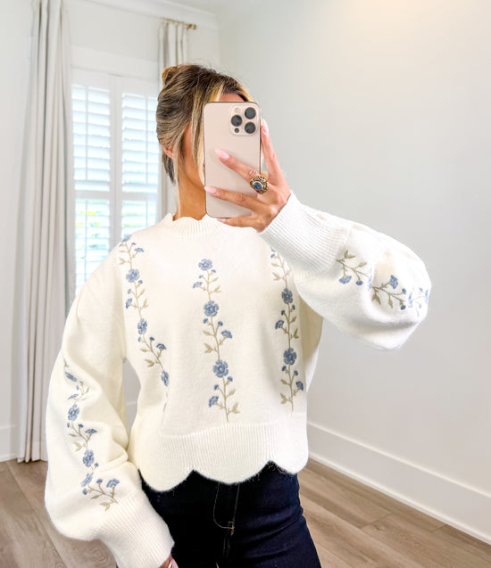 Floral Embroidered Scallop Sweater Top