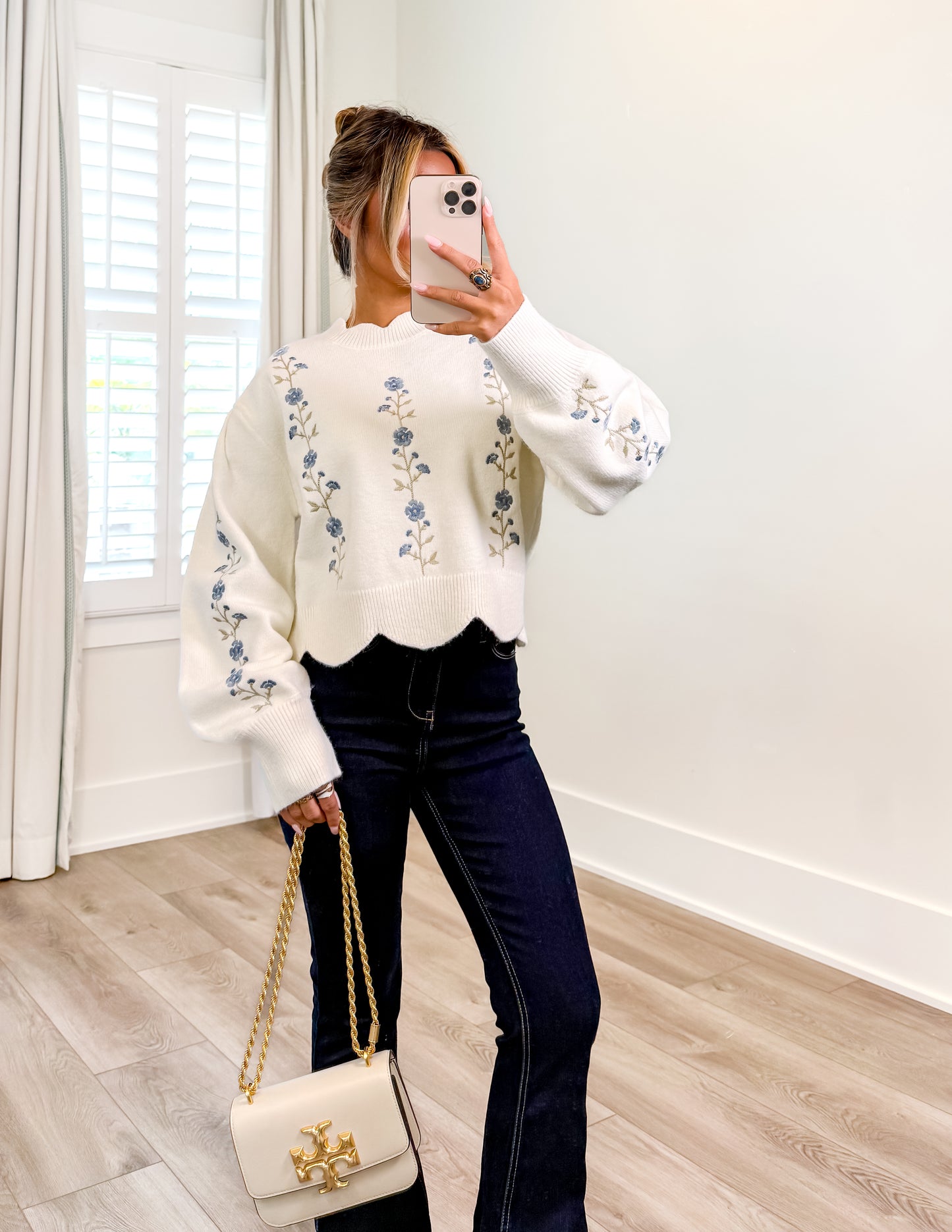 Floral Embroidered Scallop Sweater Top