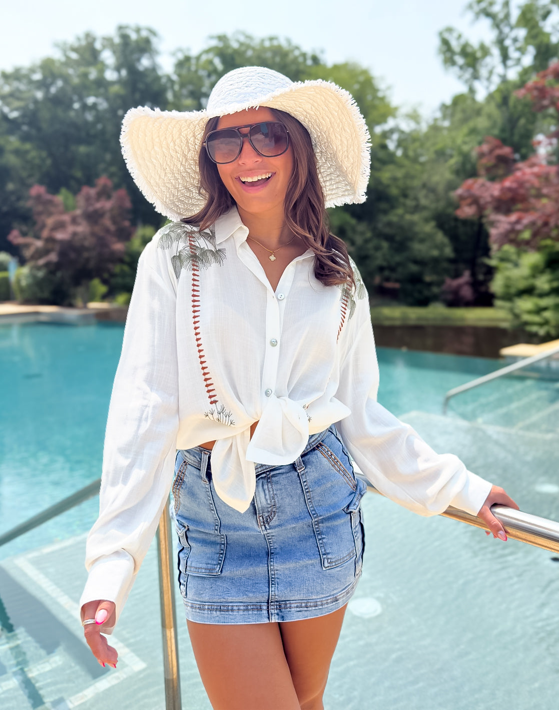 Resort Palm Embroidered Blouse