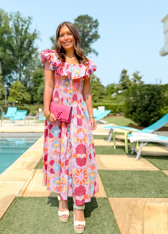 In Bloom Strapless Floral Midi Dress