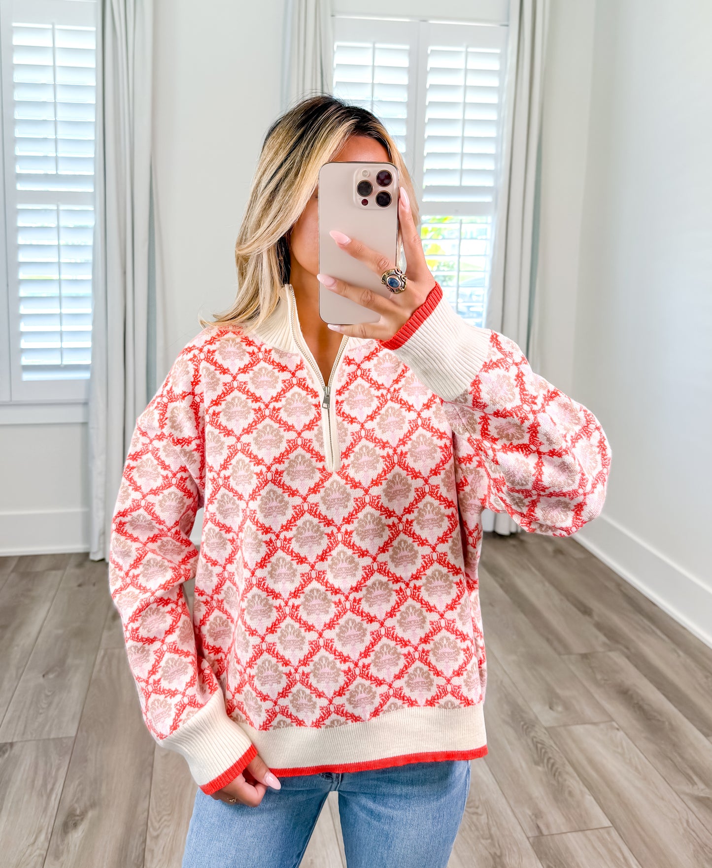 Floral Knit Mock Neck Half Zip Pullover Sweater