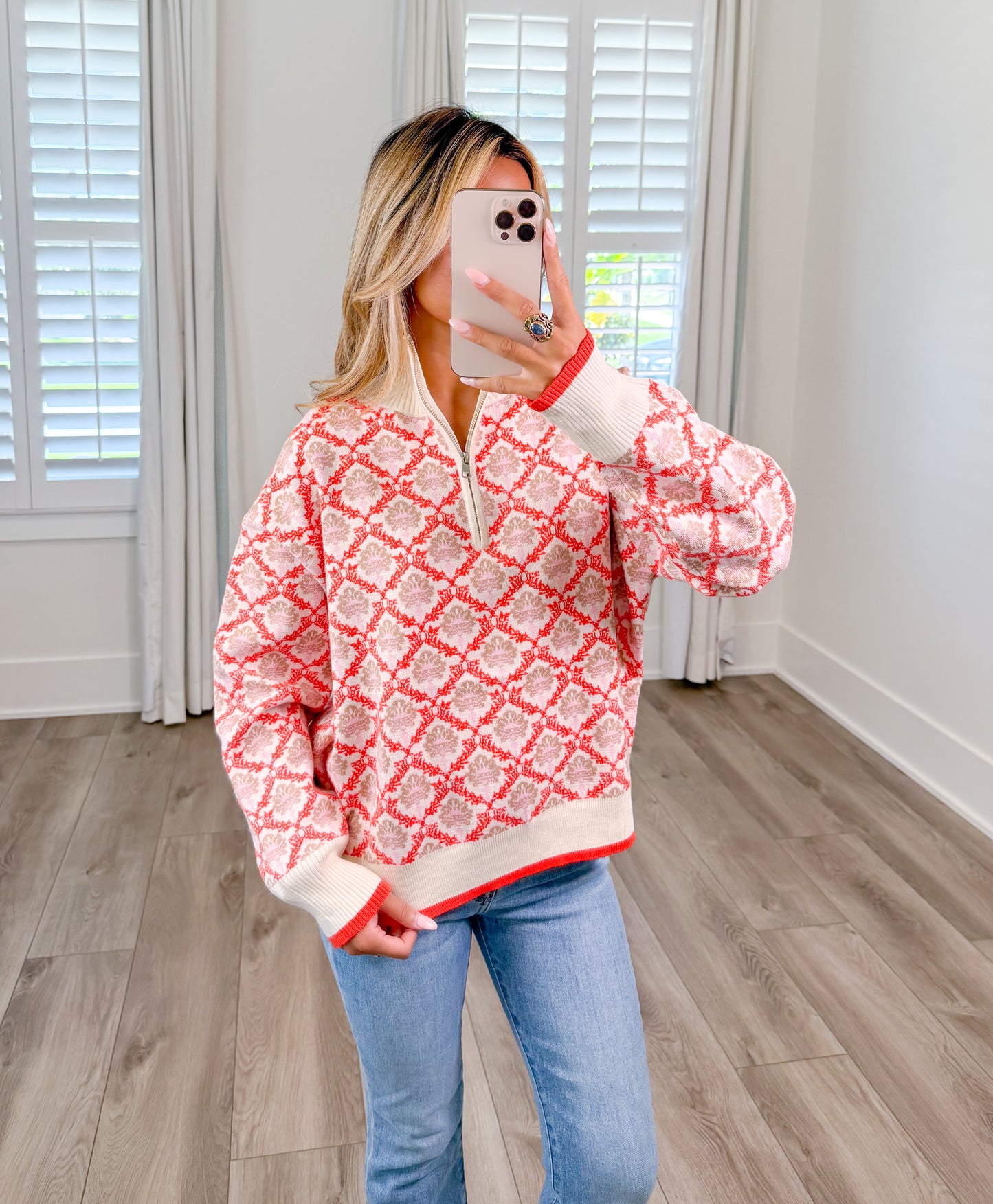 Floral Knit Mock Neck Half Zip Pullover Sweater