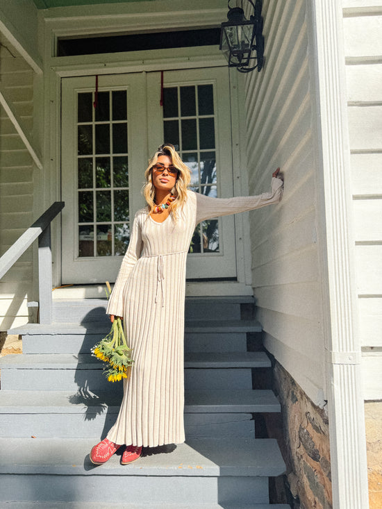 Lucille Taupe Rib Knit Maxi Dress