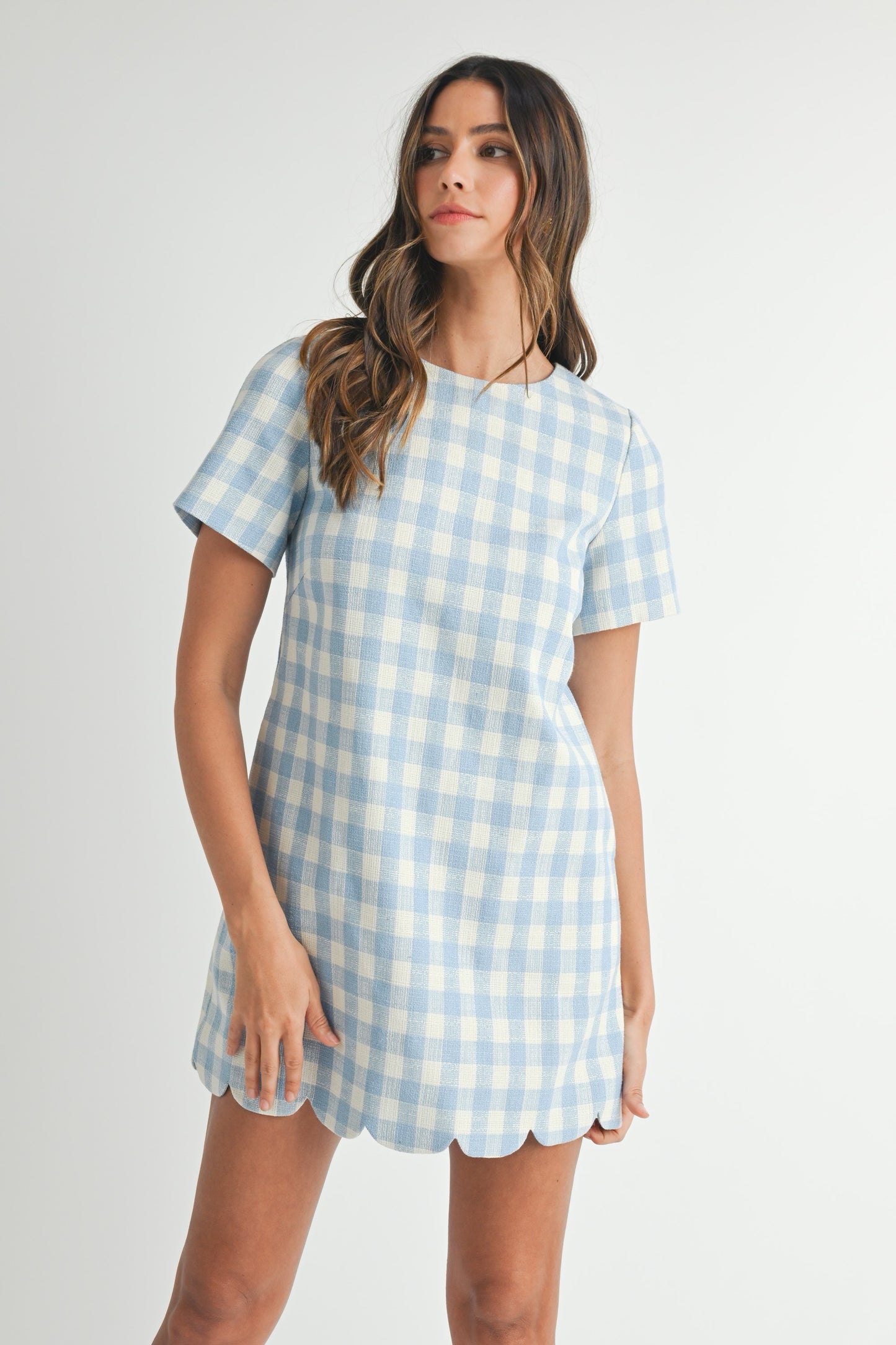 Blue Gingham A-Line Scallop Mini Dress