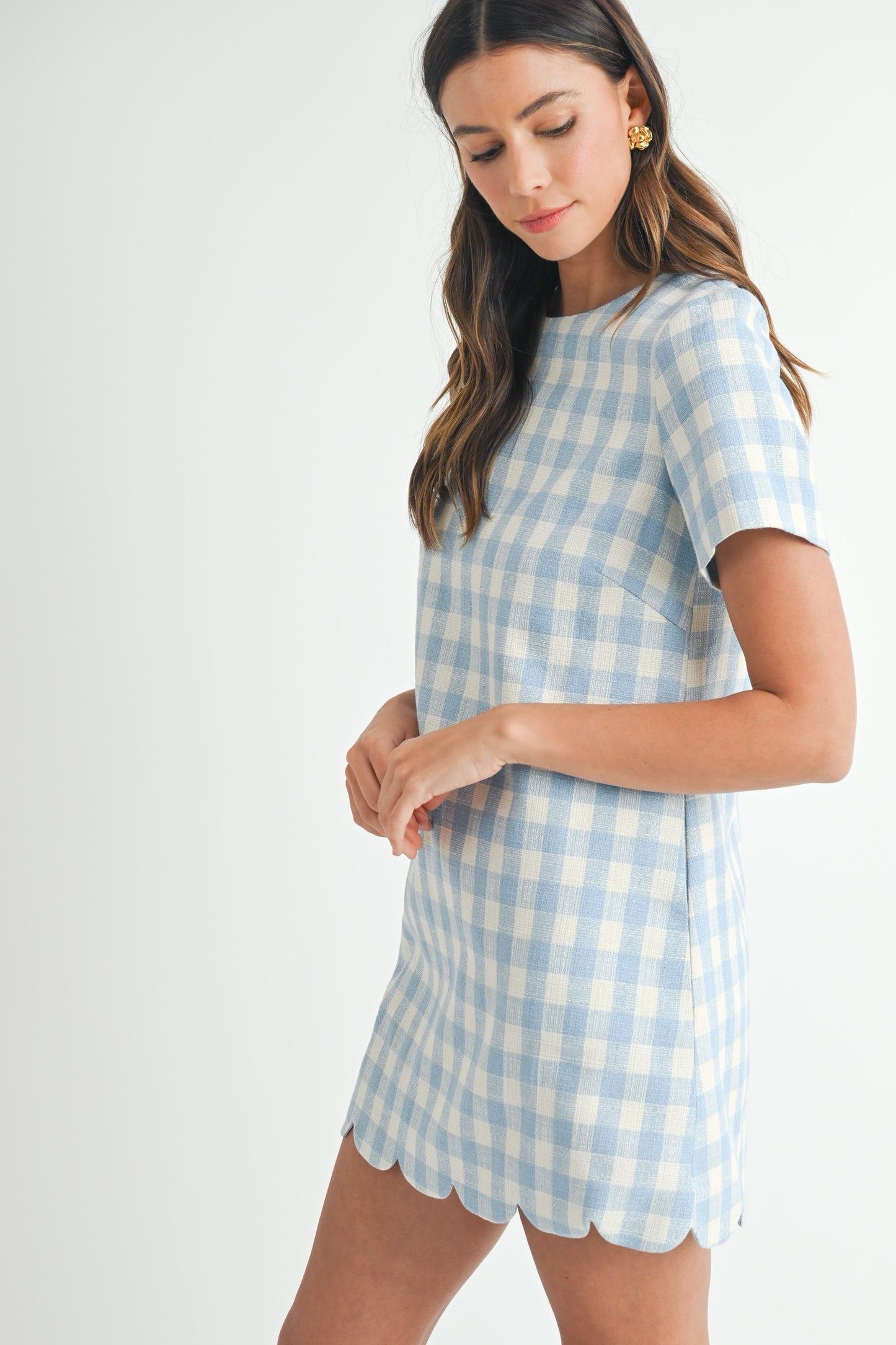 Blue Gingham A-Line Scallop Mini Dress