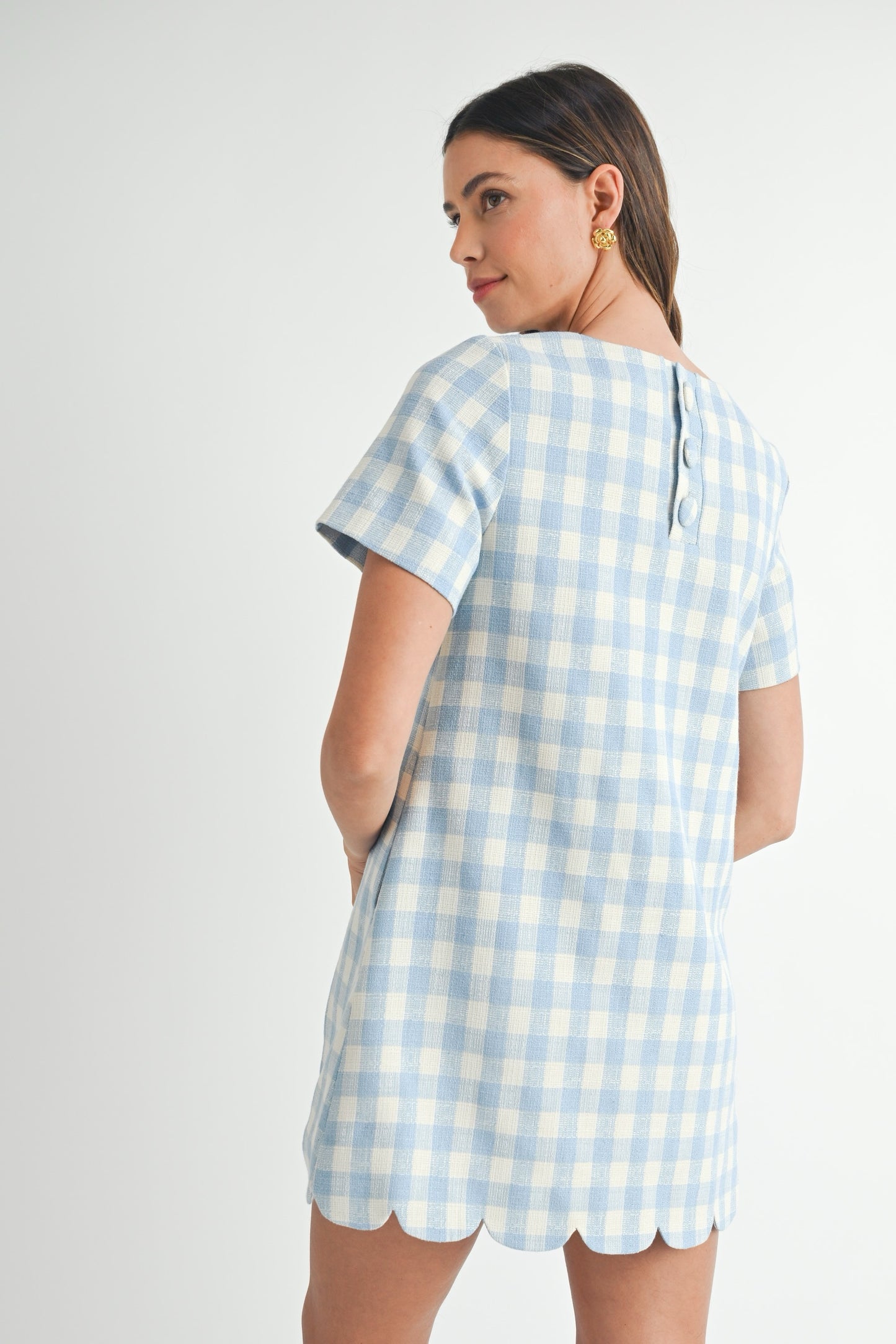 Blue Gingham A-Line Scallop Mini Dress