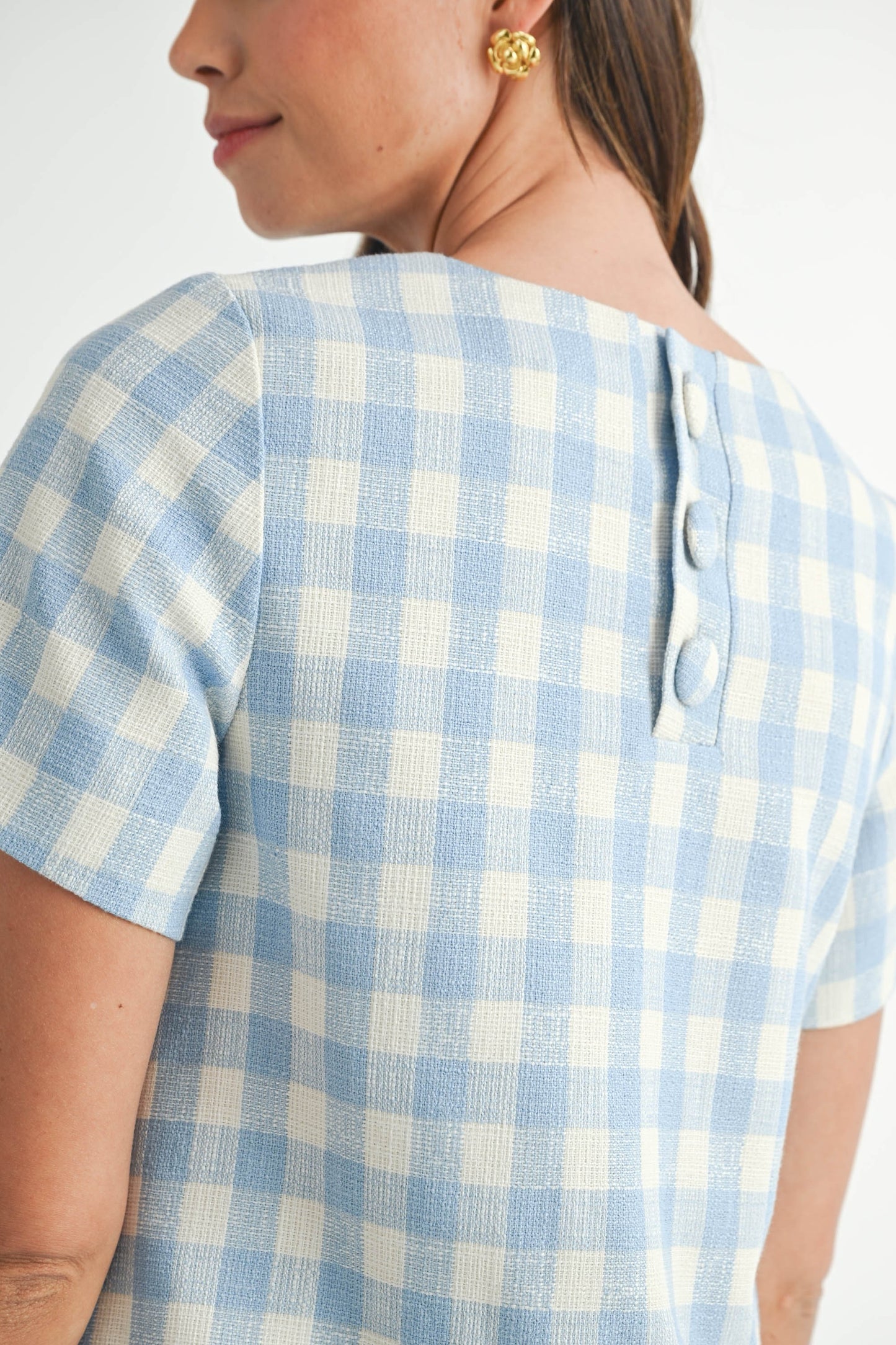 Blue Gingham A-Line Scallop Mini Dress