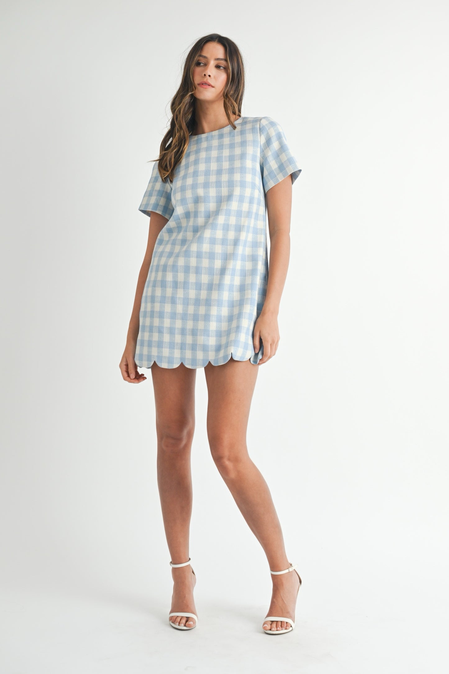 Blue Gingham A-Line Scallop Mini Dress
