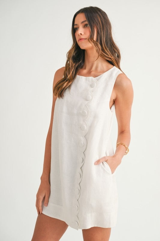 Palm Cove Scallop Button Linen Mini Dress